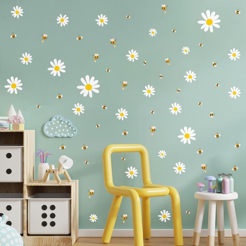 Kasubeso White Daisy and Bees Wall Stickers Easy to Peel and Stick Retro Flower Wall Decals for Girls Bedroom Nursery Living Room Office Floral Wall Decor - Image 3